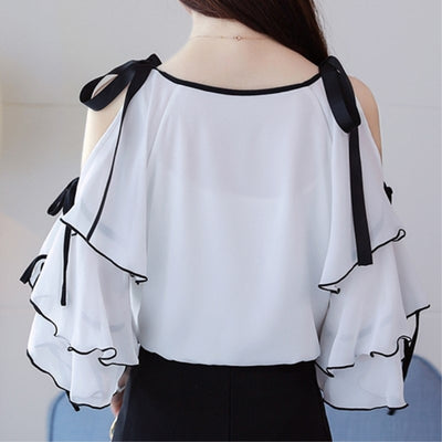 Blusa Chifón Hombros Descubiertos Manga Corta Mujer Estilo Occidental - Image 10