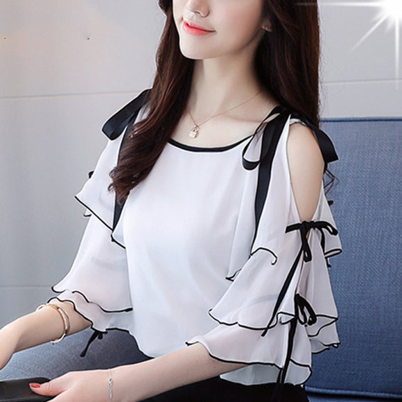 Blusa de Chiffon com Ombros de Fora e Manga Curta Estilo Ocidental para Mulheres