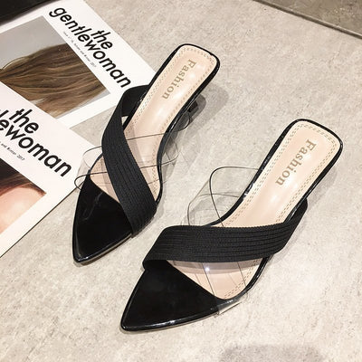 Sandalias Stiletto Transparentes con Punta Afilada y Detalles de Tejido