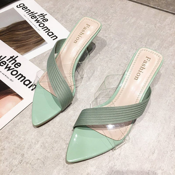 Sandalias Stiletto Transparentes con Punta Afilada y Detalles de Tejido
