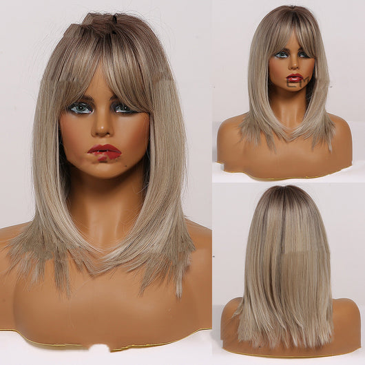 Peluca Degradé Gris Dorado con Flequillo Ocho Caracteres - Cabello Liso Medio Premium - Image 6