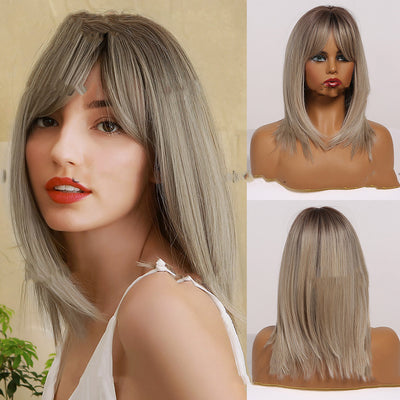 Peluca Degradé Gris Dorado con Flequillo Ocho Caracteres - Cabello Liso Medio Premium - Image 8