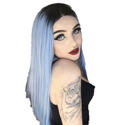 Peluca Larga Degradada Negra a Azul Cielo - Cabello Sintético Liso con Raya al Centro - Image 7