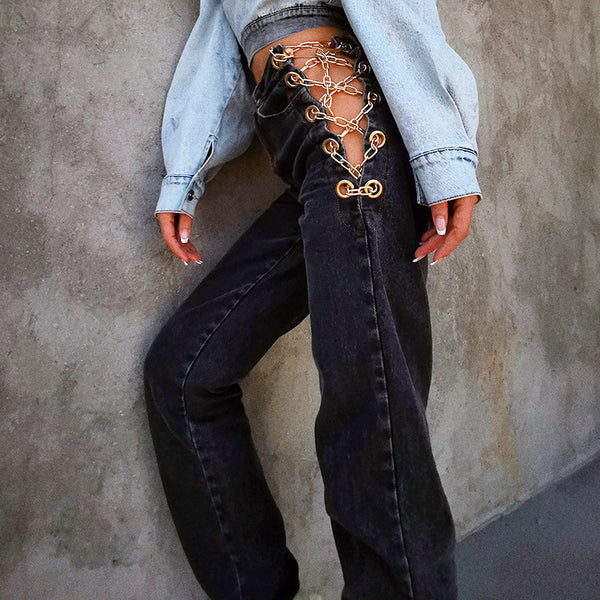 Jeans Rectos de Cintura Alta con Cadena