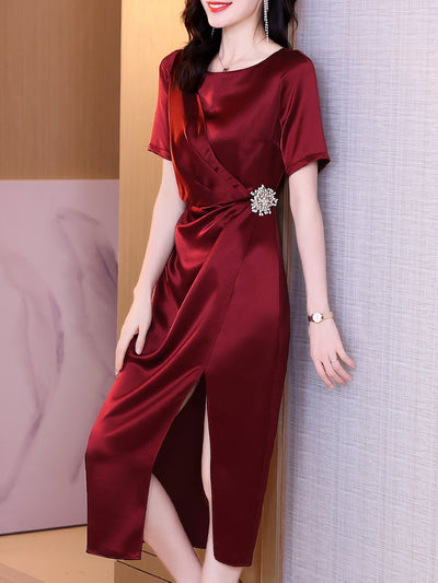 Vestido Largo de Satén Rojo Elegante para Mujer - Image 11