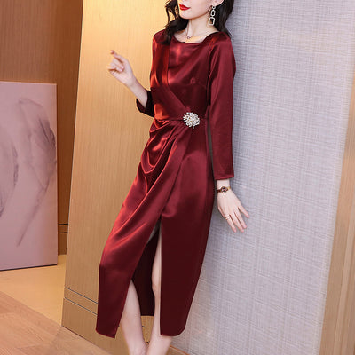 Vestido Largo de Satén Rojo Elegante para Mujer - Image 6