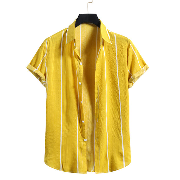 Camisa Slim a Rayas con Cuello de Solapa y Manga Corta