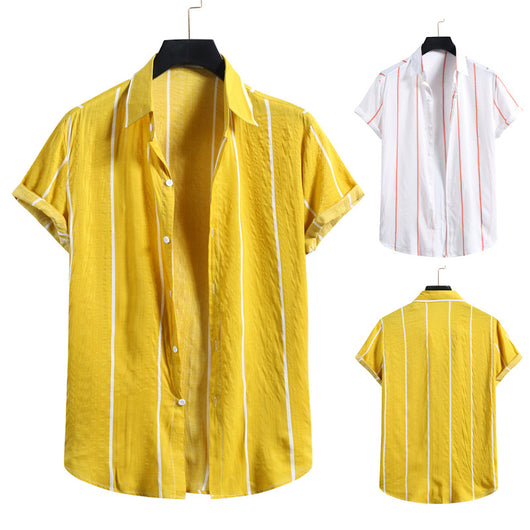 Camisa Slim a Rayas con Cuello de Solapa y Manga Corta