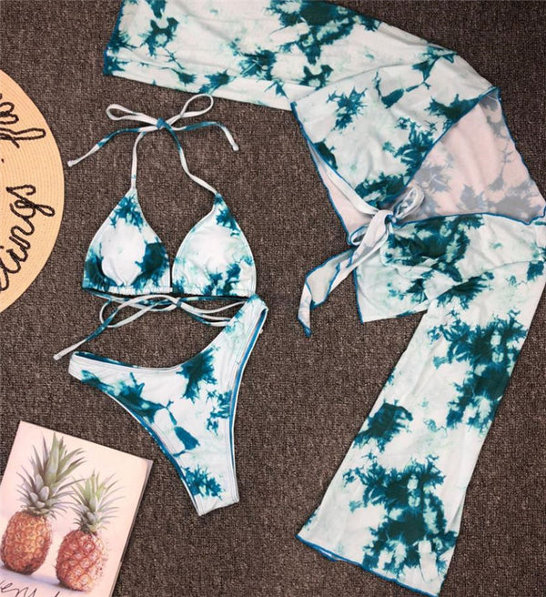 Traje de Baño Leopardo Tres Piezas con Mangas Mesh para Mujer