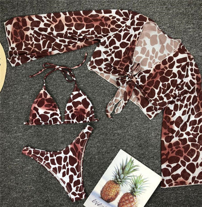 Traje de Baño Leopardo Tres Piezas con Mangas Mesh para Mujer - Image 5