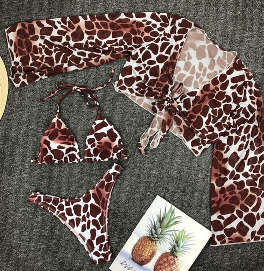 Traje de Baño Leopardo Tres Piezas con Mangas Mesh para Mujer - Image 5
