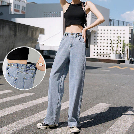 Jeans Rectos Cintura Elástica Pierna Ancha para Mujer