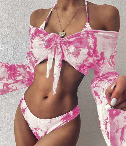 Traje de Baño Leopardo Tres Piezas con Mangas Mesh para Mujer