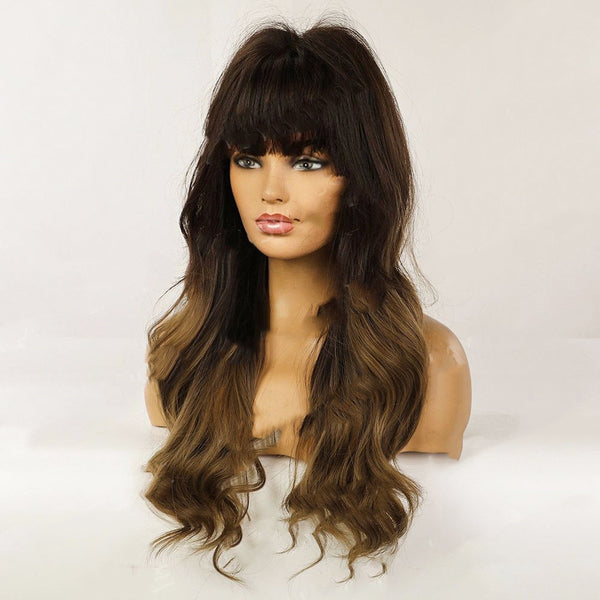 Peluca Larga Ondulada con Flequillo Degradado Marrón - Cabello Rizado Completo