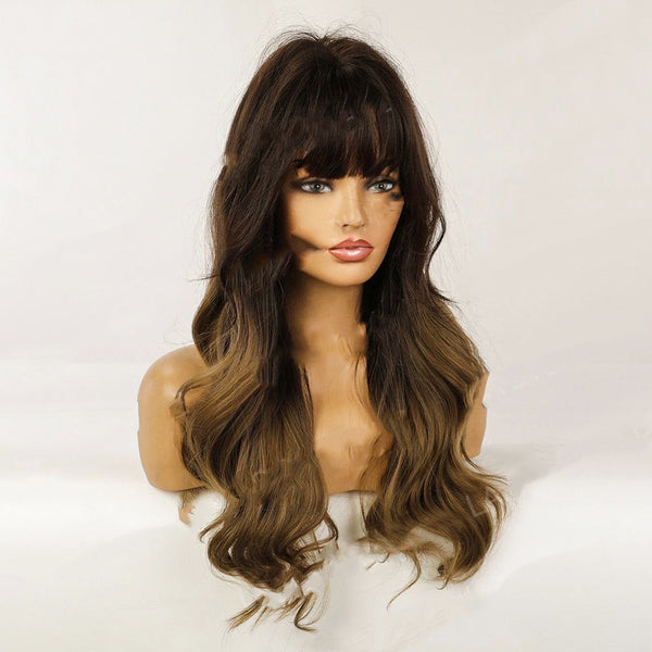 Peluca Larga Ondulada con Flequillo Degradado Marrón - Cabello Rizado Completo