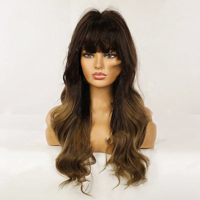 Peluca Larga Ondulada con Flequillo Degradado Marrón - Cabello Rizado Completo - Image 3