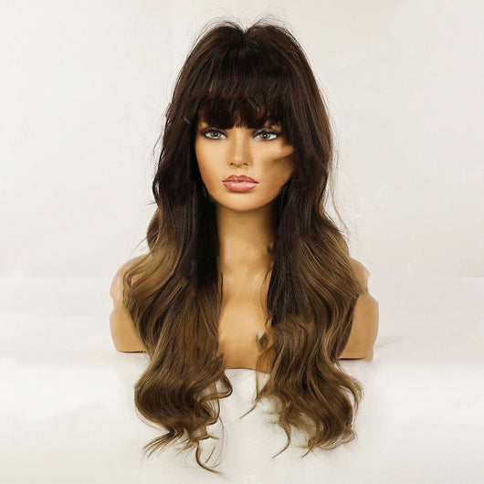 Peluca Larga Ondulada con Flequillo Degradado Marrón - Cabello Rizado Completo - Image 3