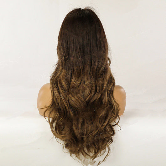 Peluca Larga Ondulada con Flequillo Degradado Marrón - Cabello Rizado Completo - Image 8