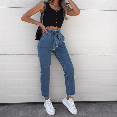 Jeans Cintura Alta Flor de Loto con Encaje y Detalle Deshilachado - Image 12