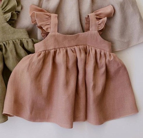 Vestido Princesa Niña Algodón Lino Mangas Volantes