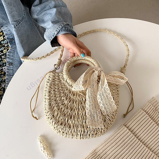 Bolsa de Paja Cubo con Moño de Malla y Borlas Luna