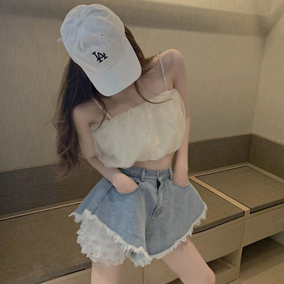 Shorts Denim Encaje Cintura Alta Dos Piezas para Mujer - Image 9