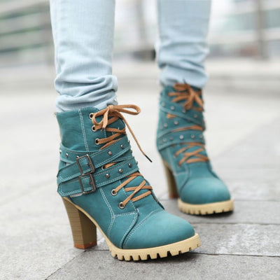 Botas Punk Retro para Mujer con Tacón Grueso y Hebillas