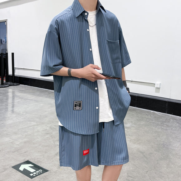Two-Piece Set: Striped Short-Sleeve Shirt and Loose Straight-Leg Shorts