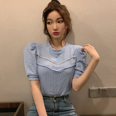Blusa Francesa Azul para Mujer con Mangas Voluminosas - Image 13