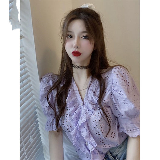Blusa Taro Púrpura Estilo Retro Francés con Mangas Abullonadas - Image 2