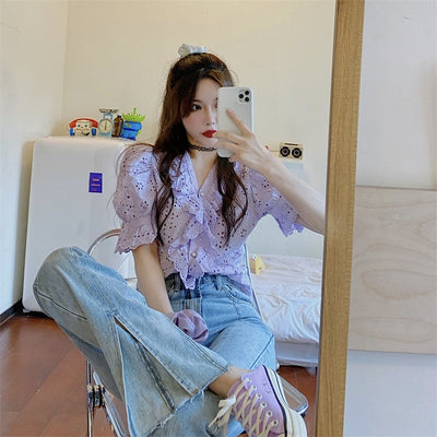 Blusa Taro Púrpura Estilo Retro Francés con Mangas Abullonadas - Image 4