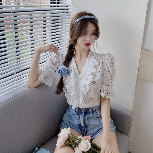 Blusa Taro Púrpura Estilo Retro Francés con Mangas Abullonadas