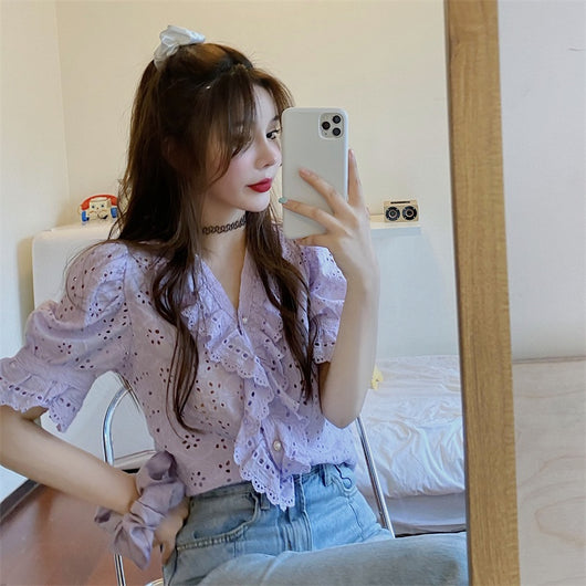 Blusa Taro Púrpura Estilo Retro Francés con Mangas Abullonadas - Image 5