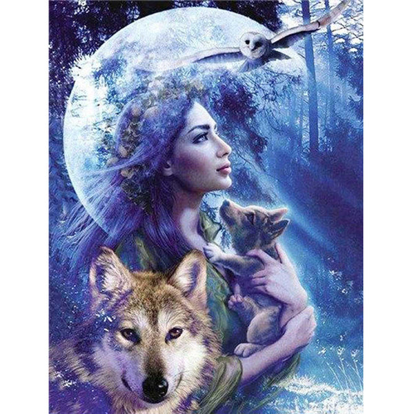 Pintura de Diamantes: La Bella y el Lobo Bajo la Luna