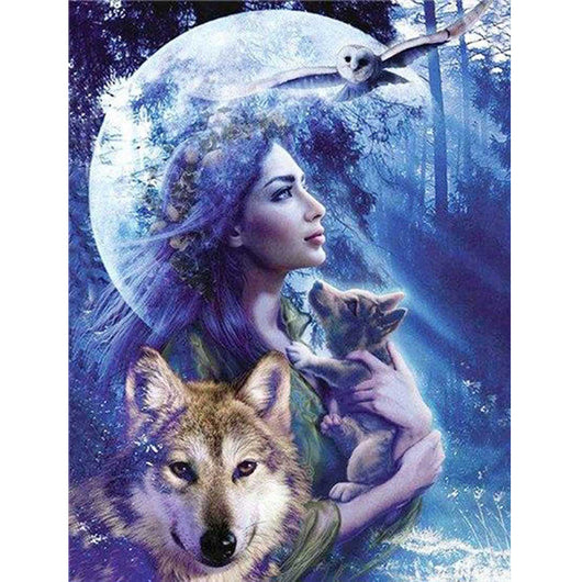 Pintura de Diamantes: La Bella y el Lobo Bajo la Luna