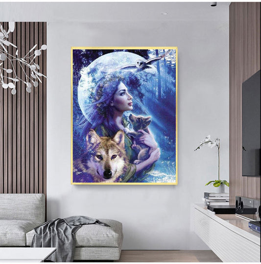 Pintura de Diamantes: La Bella y el Lobo Bajo la Luna - Image 2