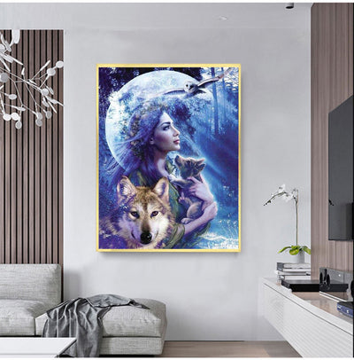 Pintura de Diamantes: La Bella y el Lobo Bajo la Luna - Image 2