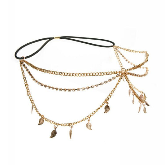 Diadema de Múltiples Capas con Cadenas, Hojas con Pedrería y Borlas
