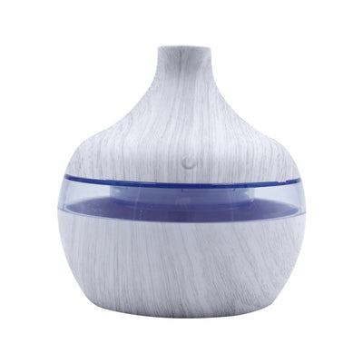 Wood grain aromatherapy USB humidifier with water drop shape, lid open, showing internal components and LED light options. - Image 7