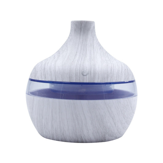 Wood grain aromatherapy USB humidifier with water drop shape, lid open, showing internal components and LED light options. - Image 7