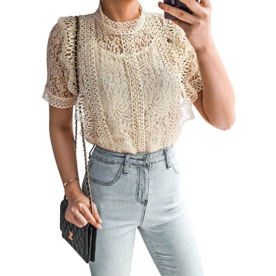 Blusa Casual de Encaje Calado Manga Corta - Image 11