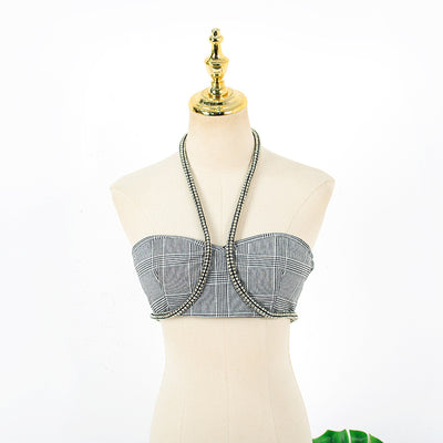 Conjunto Elegante: Top Halter con Tira Umbilical y Pantalón Ancho de Cintura Alta con Detalles de Diamantes - Image 7