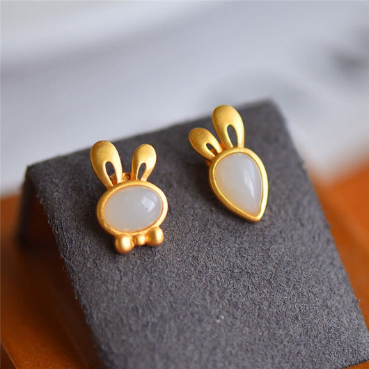 Aretes de Jade Blanco Hetian con Conejo de Plata - Image 5