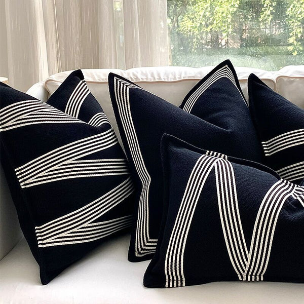 Funda de Almohada de Algodón y Lino con Rayas Geométricas