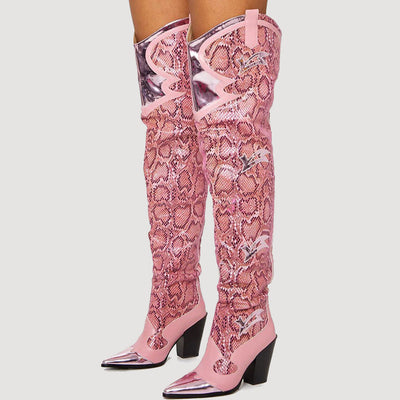 Botas Altas de Tacón Grueso con Estampado de Serpiente y Punta Afilada - Image 3