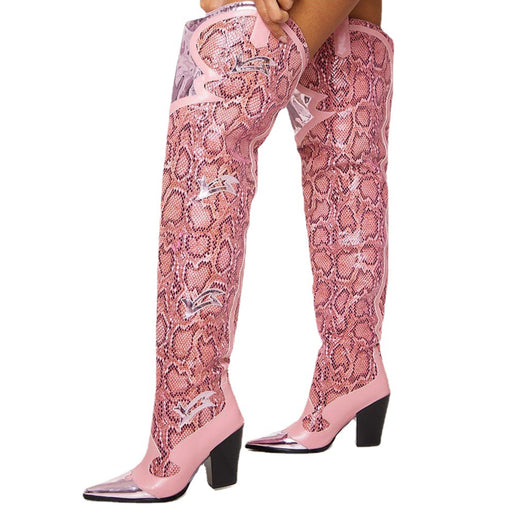Botas Altas de Tacón Grueso con Estampado de Serpiente y Punta Afilada