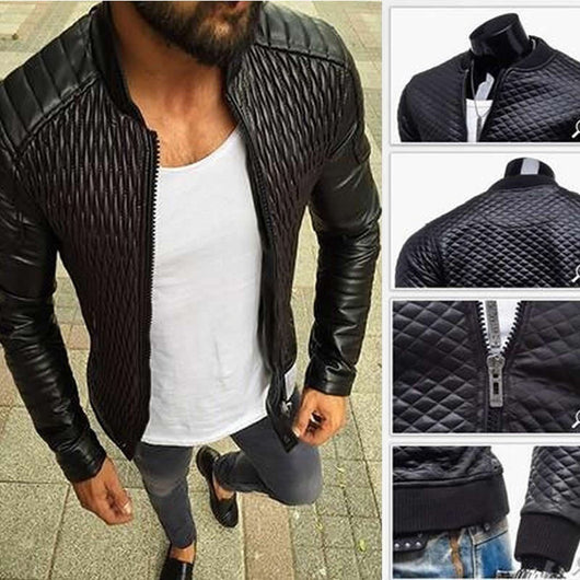 Chaqueta de Cuero para Motociclista con Diseño Rombo y Cuello Alto - Image 11