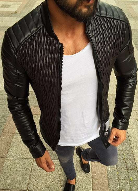 Chaqueta de Cuero para Motociclista con Diseño Rombo y Cuello Alto - Image 12