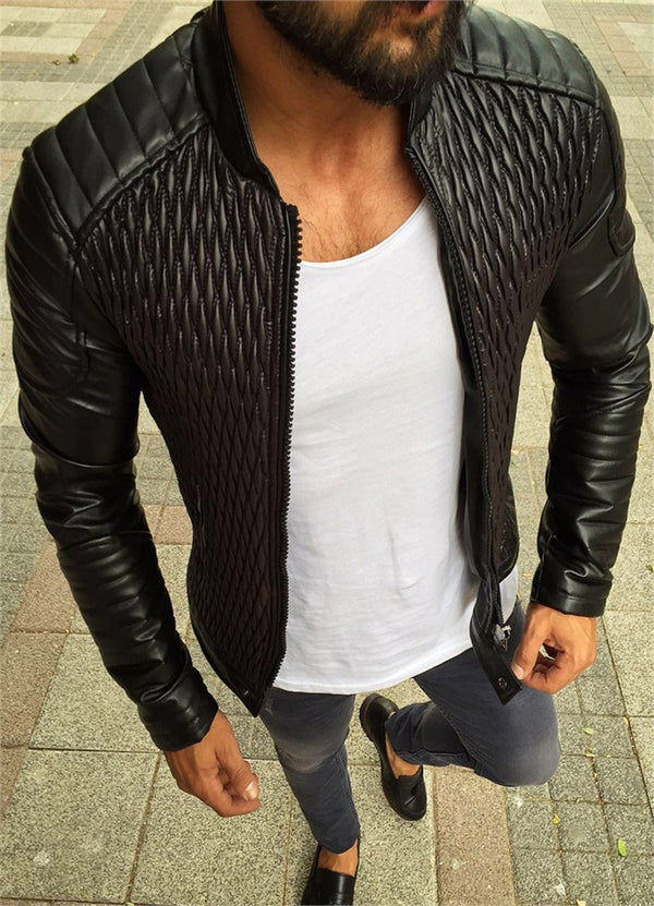 Chaqueta de Cuero para Motociclista con Diseño Rombo y Cuello Alto