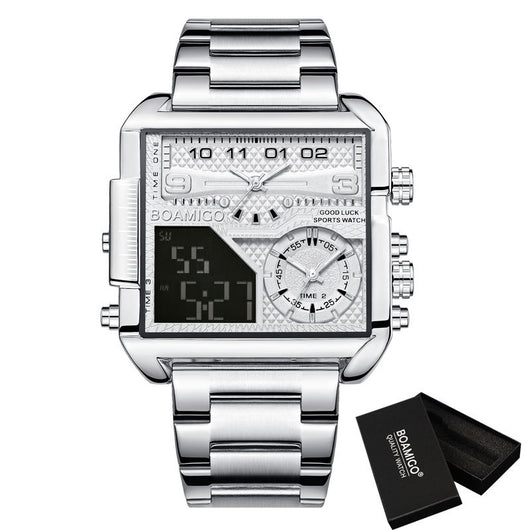 Reloj Deportivo de Lujo BOAMIGO Acero Inoxidable Dorado Digital Analógico Cuarzo para Hombre - Image 9